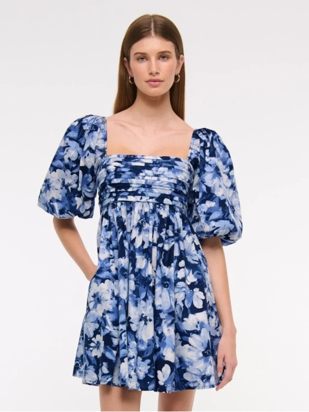 Abercrombie & Fitch Blue Linen Blend Floral Puff-Sleeve Emerson Dress Sz. L - Picture 3 of 14